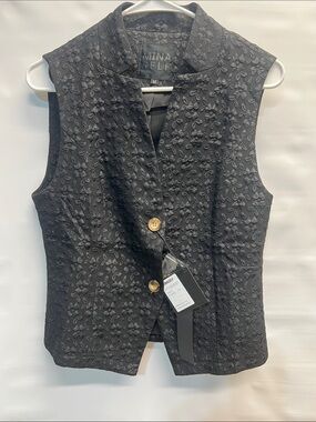 NWT Mina Self Black Textured Floral Jacquard Vest Size Medium